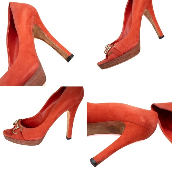 Gucci Horsebit Peep Toe Platform Pumps – Orange Suede – Size 8.5B US / 39 EU / 6 - Picture 8 of 9
